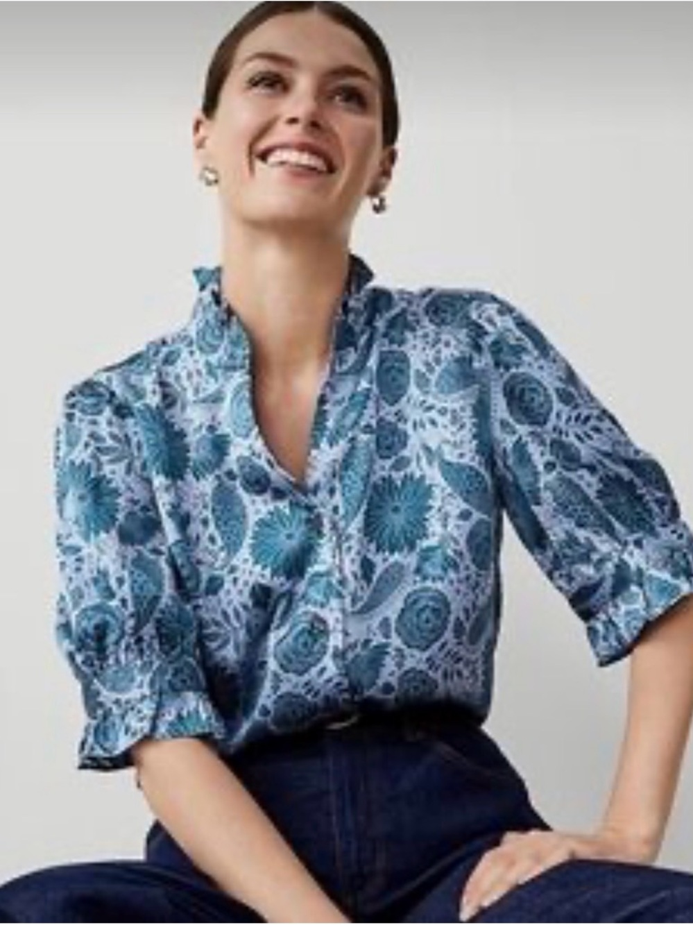 Ann Taylor Blue Floral Print Ruffle-Neck Blouse